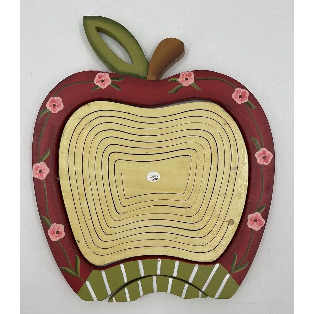 Wooden Apple Heart Collapsible Fruit Basket Vintage Red Hand Painted New‎ NWOT
